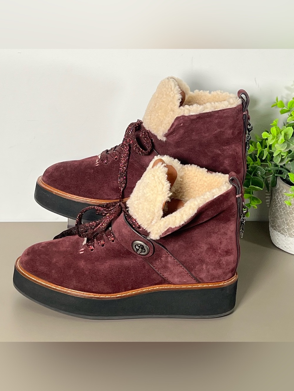 Coach Burgundy Suede Shearling Lined Lace Up Ankle Boots Women’s Size 7.5